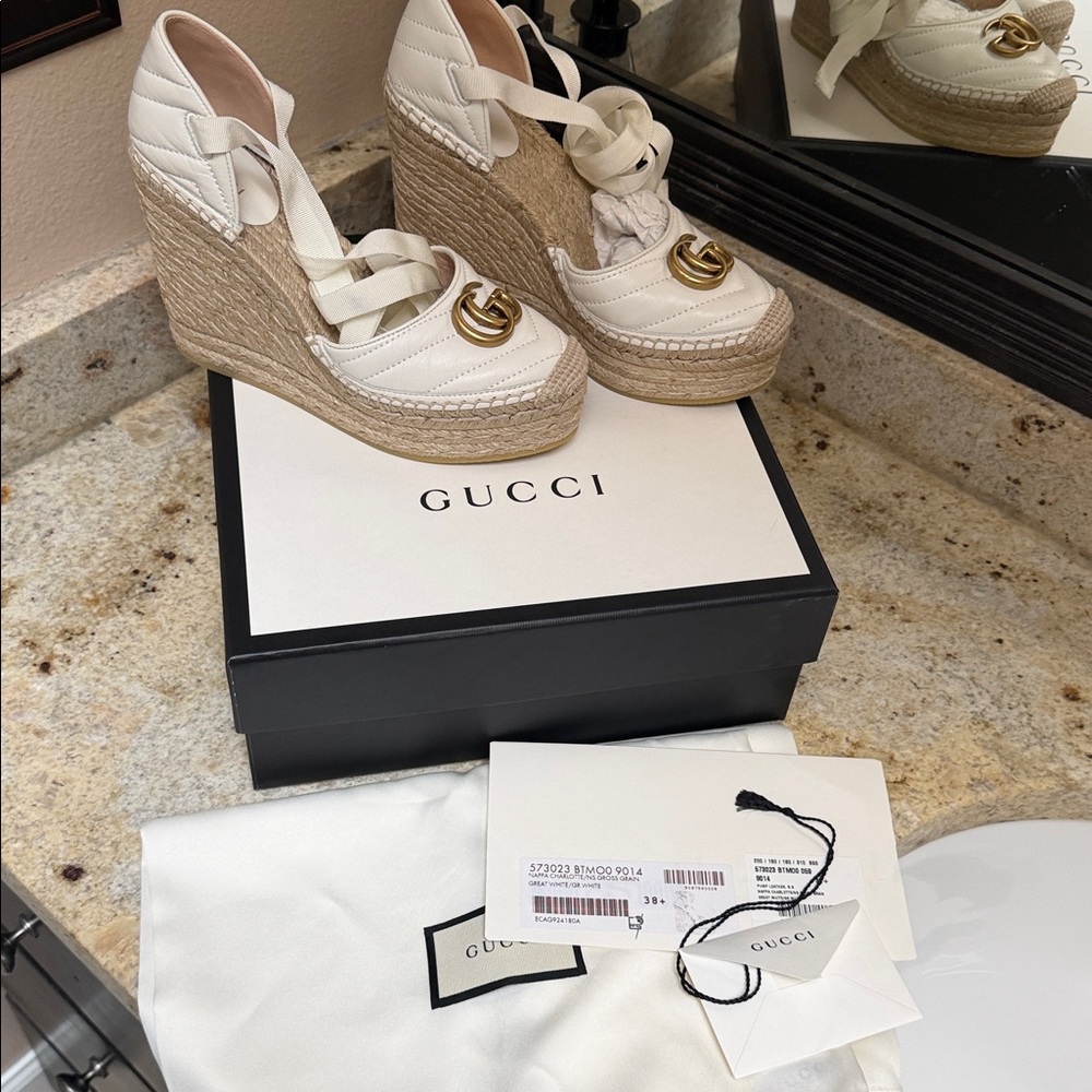 NEW GUCCI White Leather Marmont GG Charlotte Espadrille Wedge Sandals 38.5 - Picture 3 of 17